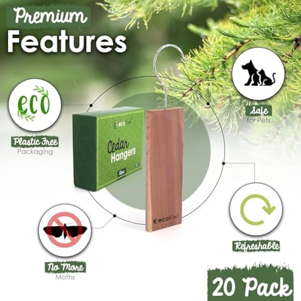 ecoKiwi Cedar Wood Moth Repellent - 20 Pack Natural Hanging Wardrobe Blocks