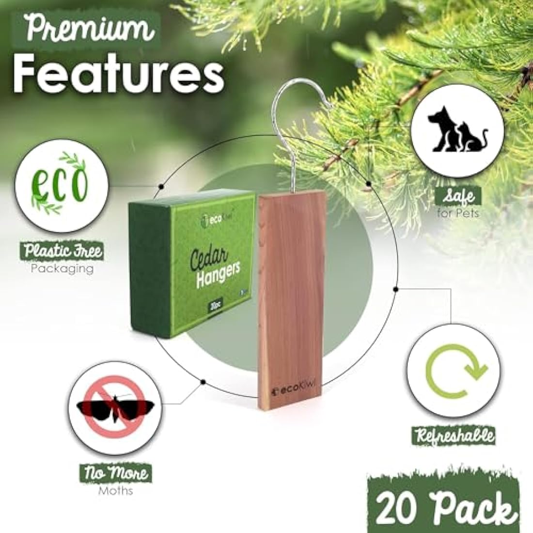 ecoKiwi Cedar Wood Moth Repellent - 20 Pack Natural Hanging Wardrobe Blocks