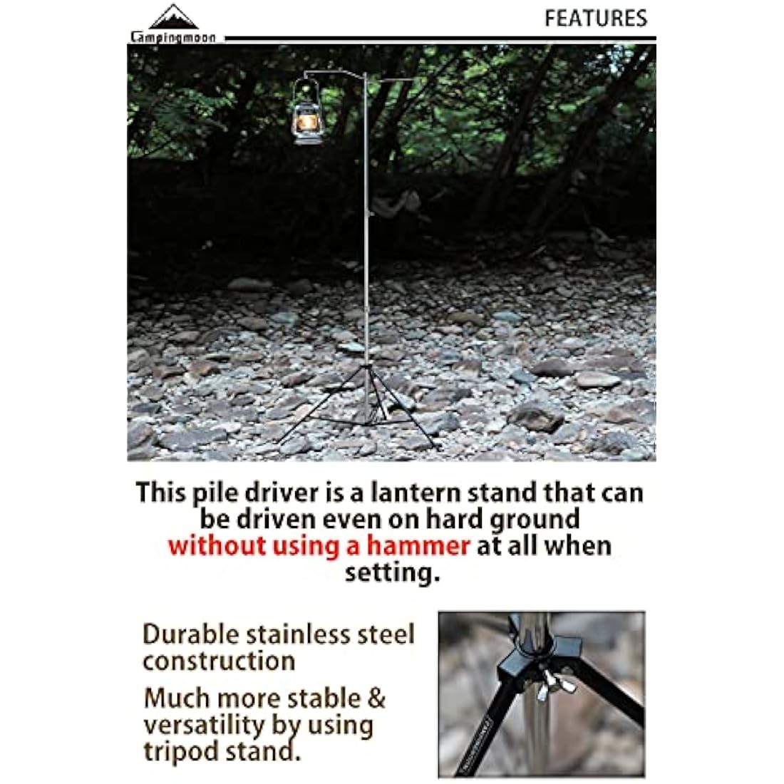 CAMPINGMOON Heavy Duty Stainless Steel Lantern Stand with Tripod & Bag