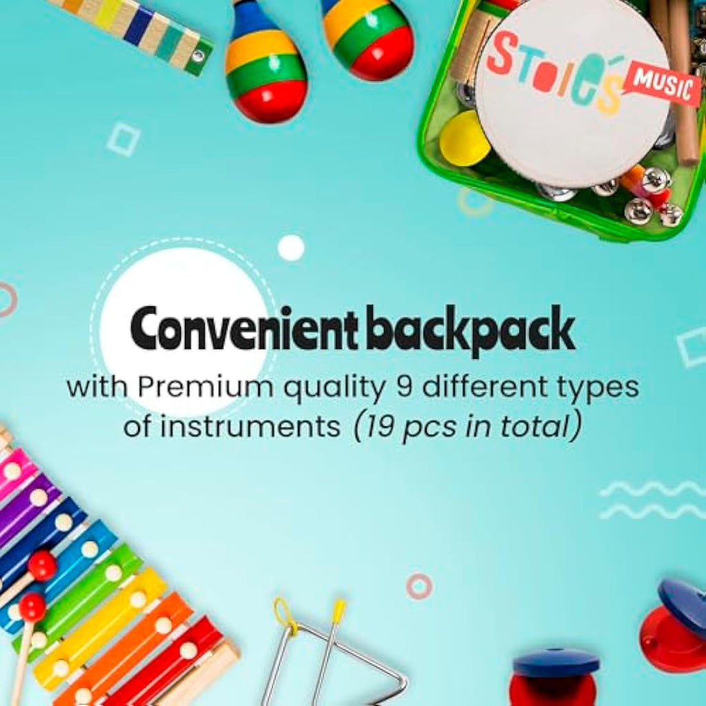 Stoie's Wooden Kids Musical Instruments Set - 15pc Toddler Percussion Toys