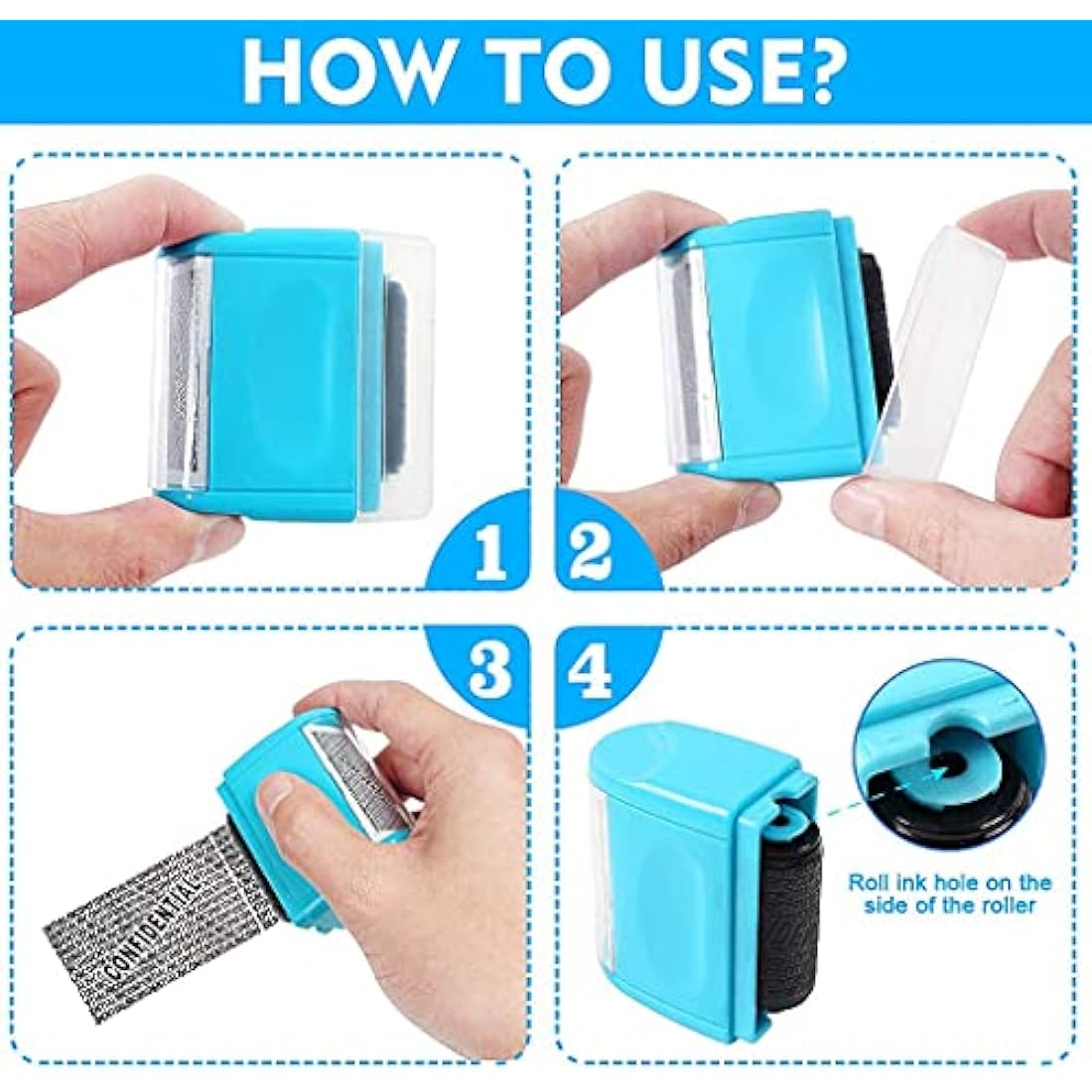 Lindastas Identity Theft Protection Roller Stamp with 3-Pack Refills - Blue