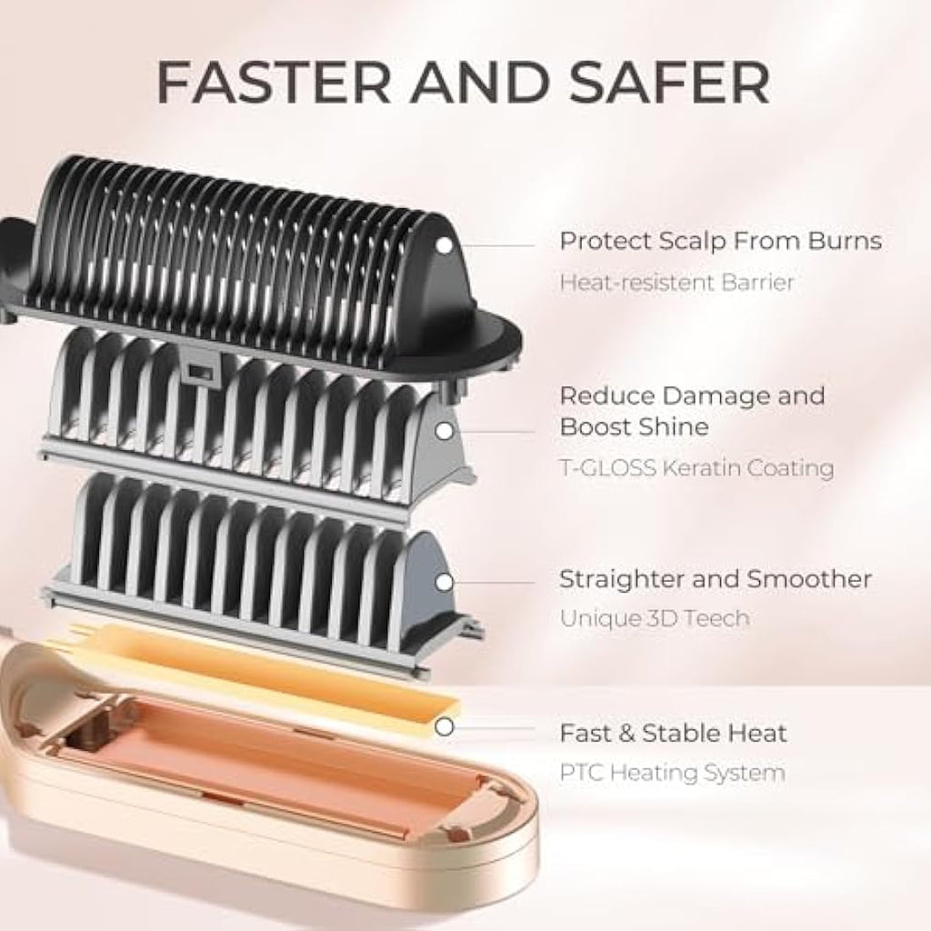 TYMO Hair Straightener Brush - 2-in-1 Ionic Ceramic Flat Iron, Peach