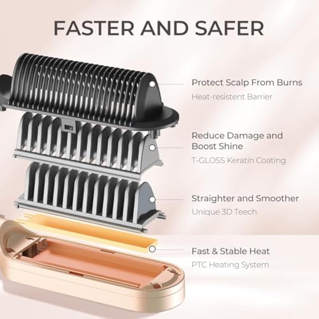 TYMO Hair Straightener Brush - 2-in-1 Ionic Ceramic Flat Iron, Peach