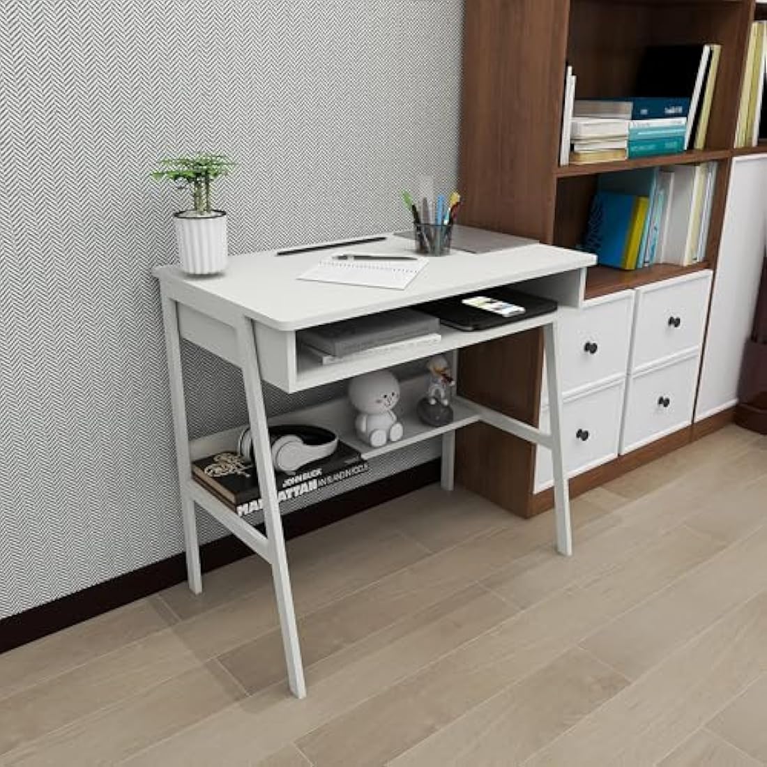 80cm Small Computer Desk with Drawer and Storage Shelf - White