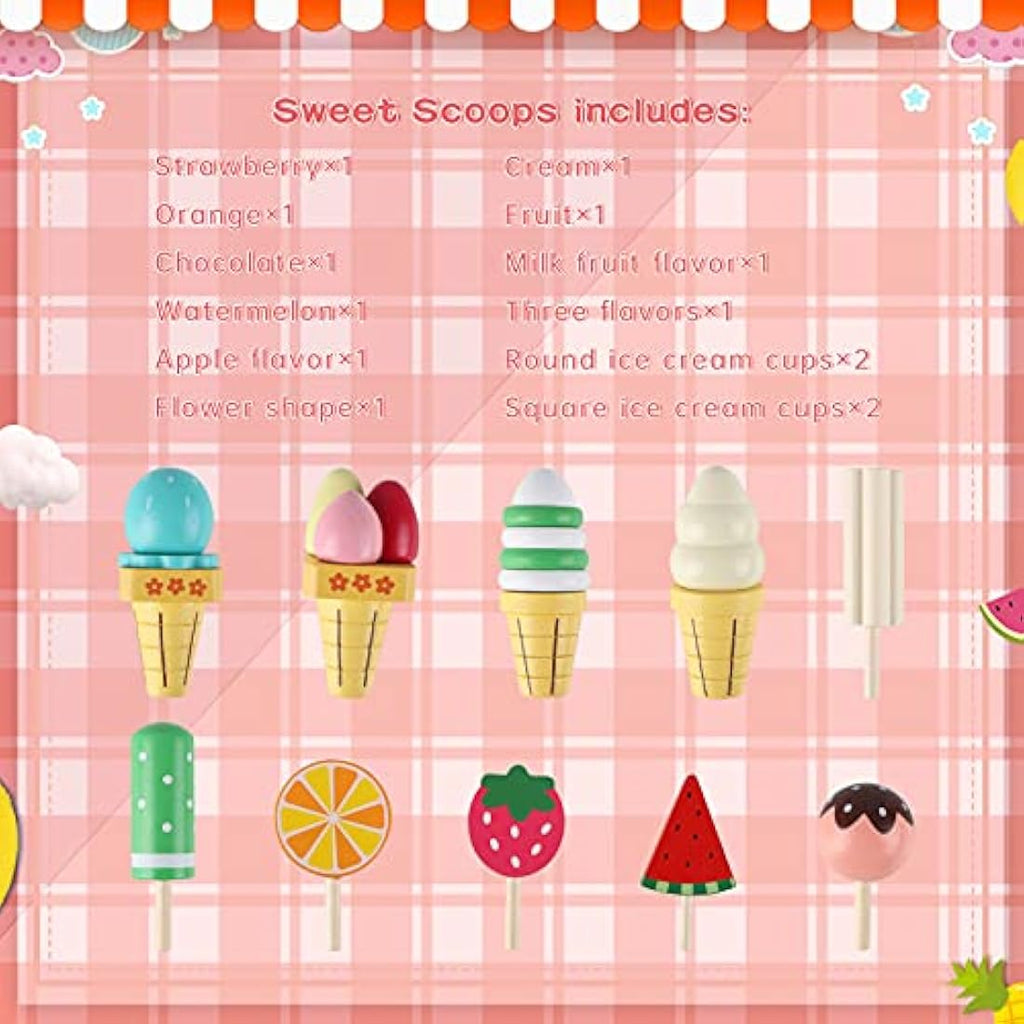 Wooden Ice Cream Stand – Pretend Play Kitchen Food Toy Set