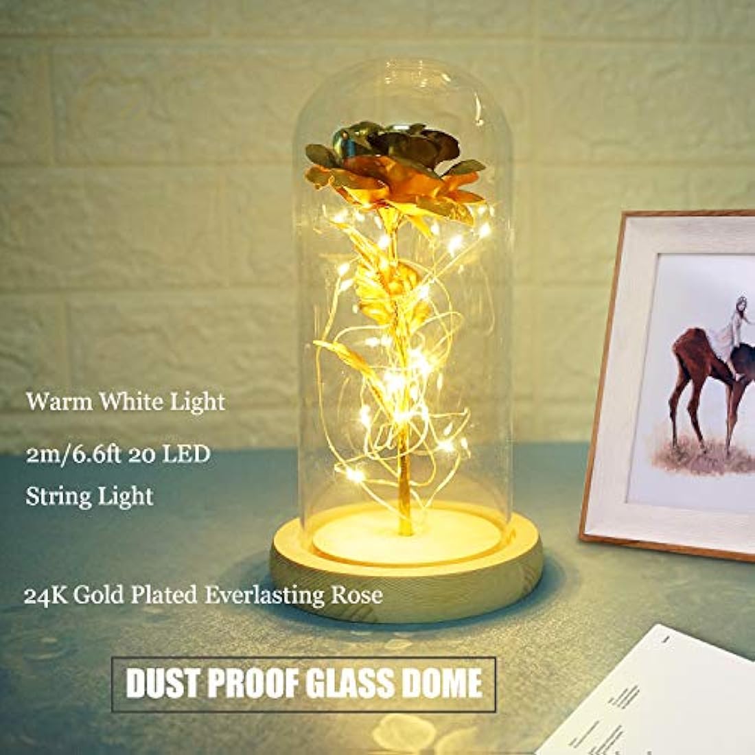 TINYOUTH 24K Gold Plated Rose in Glass Dome | LED Light Up Flower Gift