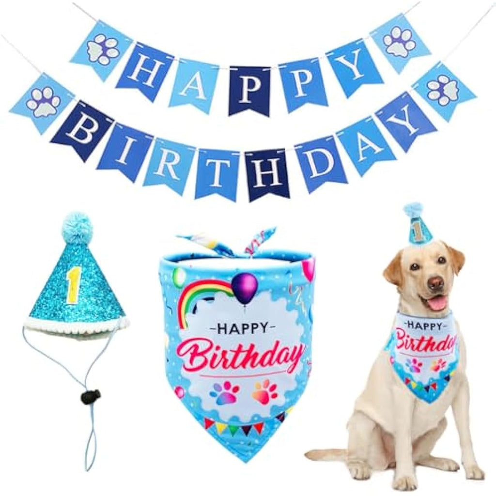 Jolof Store Blue Dog 1st Birthday Hat and Bandana Set for Small Medium Pets