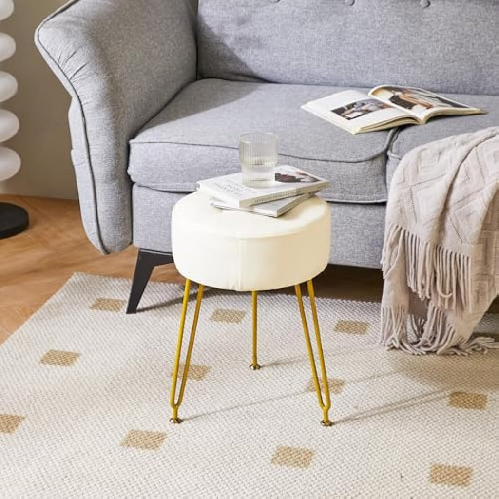 IBUYKE Faux Leather Round Vanity Stool | Footrest with Golden Legs