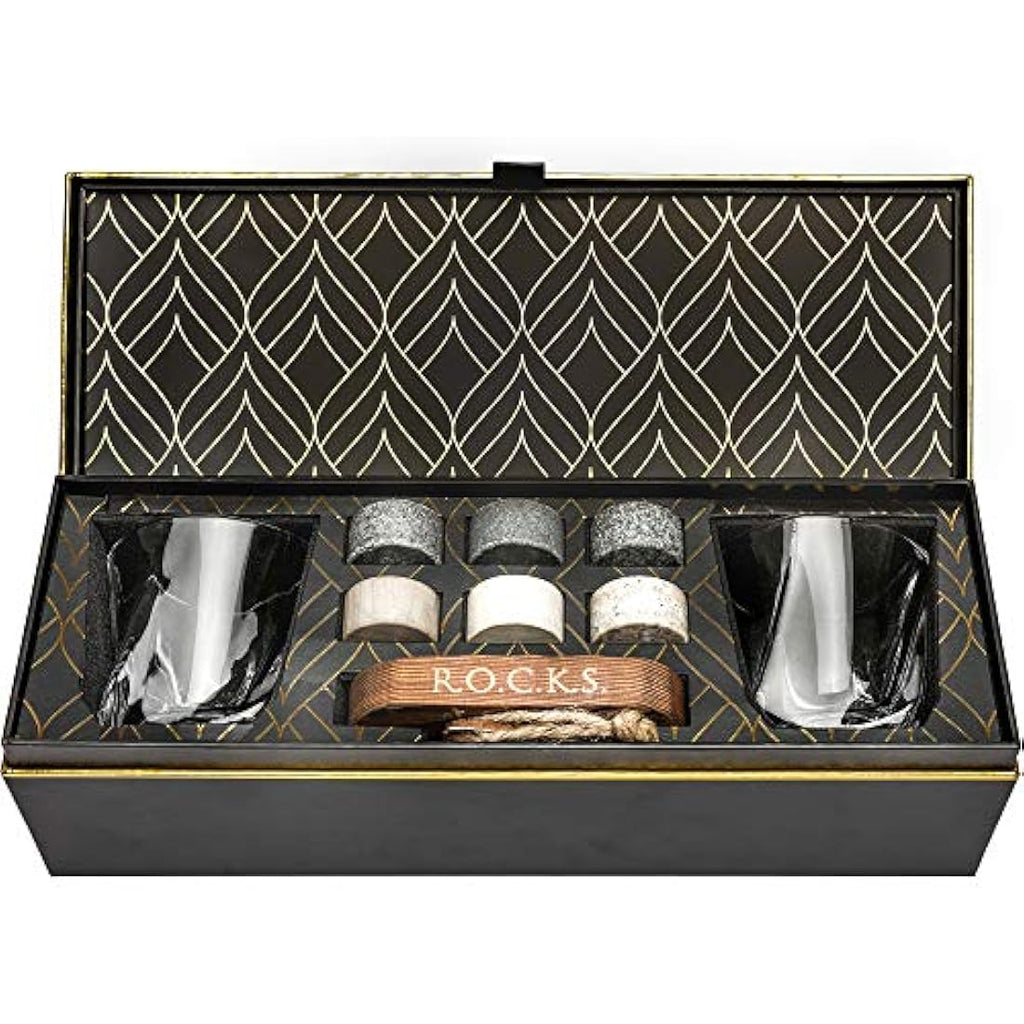R.O.C.K.S. Whiskey Chilling Stones Gift Set | 6 Granite Rocks & 2 Glasses