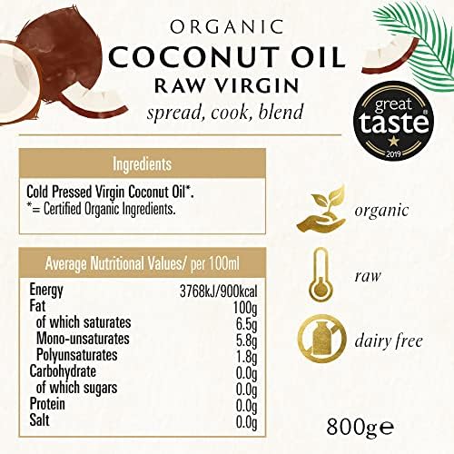 Biona Organic Raw Virgin Coconut Oil – 800g Cold-Pressed Cooking & Beauty