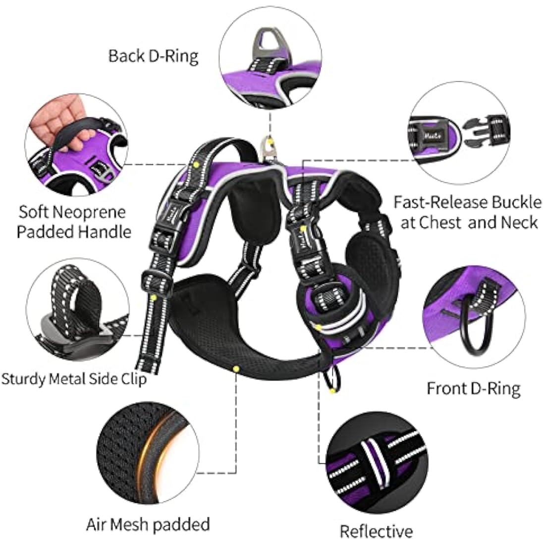 HEELE No Pull Dog Harness | Reflective Padded Training Vest - Purple, XL