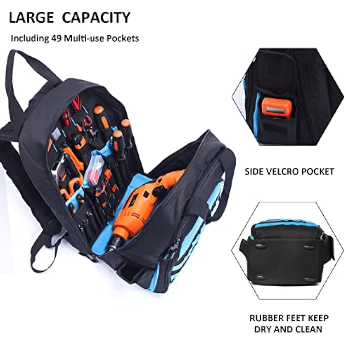 AUMTISC Electrician Tool Backpack | Heavy Duty 49-Pocket Work Bag - Blue