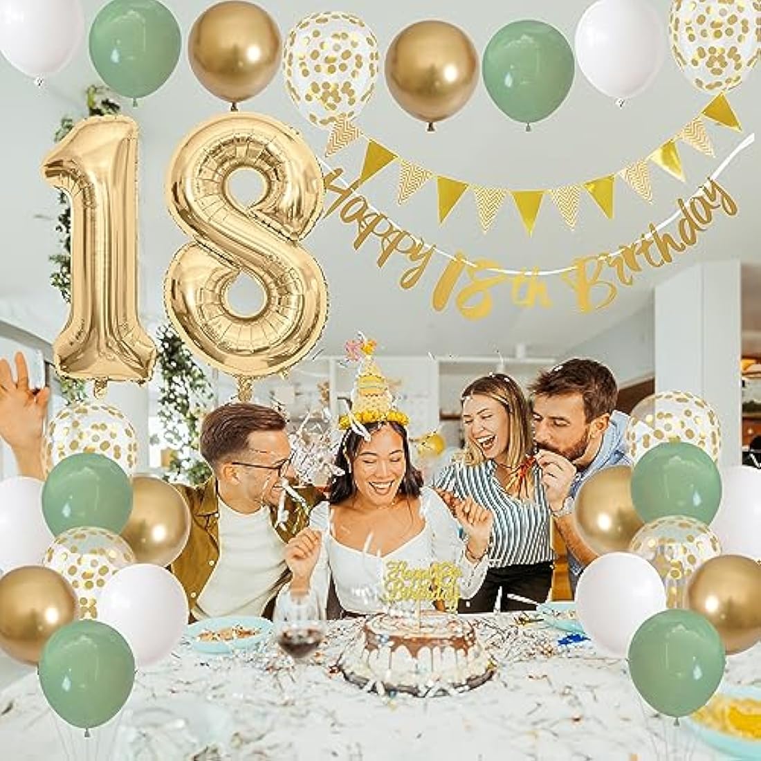 18th Birthday Decorations – Sage Green, Gold & White Party Kit