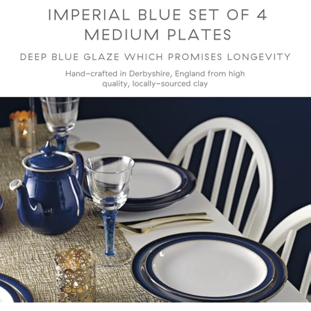 Denby Imperial Blue Medium Plates – Set of 4 Ceramic Stoneware 22cm