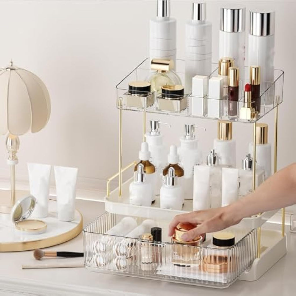 STORICANS Large Makeup Organiser with Drawer and Removable Tray – White