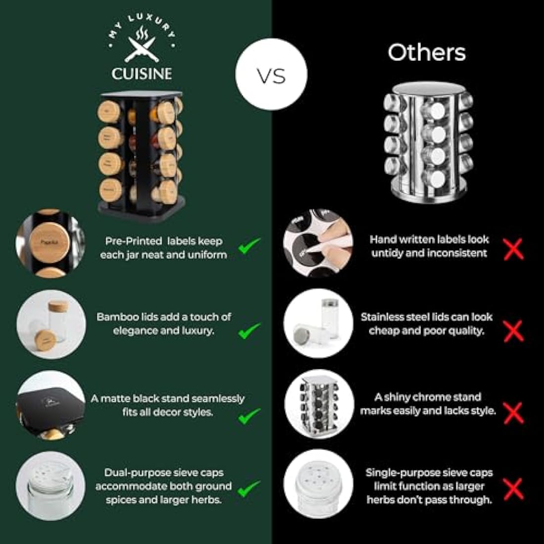 Rotating Spice Rack – 16 Glass Jars with Bamboo Lids