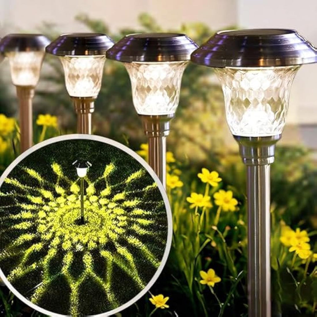 BEAU JARDIN Solar Pathway Lights | 8 Pack Waterproof Stainless Steel Glass
