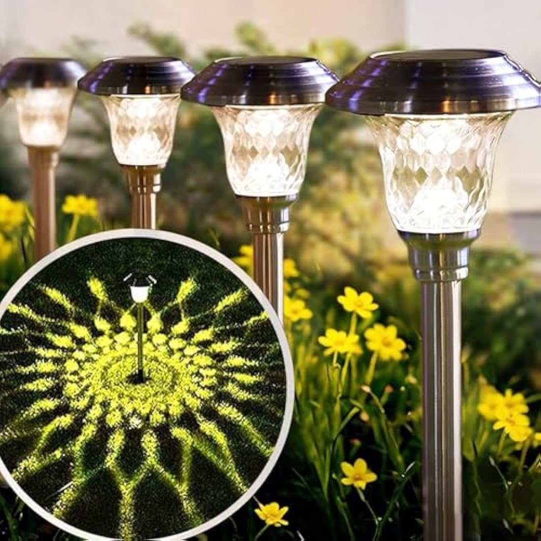 BEAU JARDIN Solar Pathway Lights | 8 Pack Waterproof Stainless Steel Glass