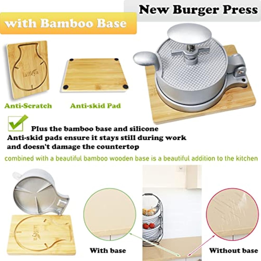 Laffeya Adjustable Spring Burger Press – Non-Stick Patty Maker with Wood Base