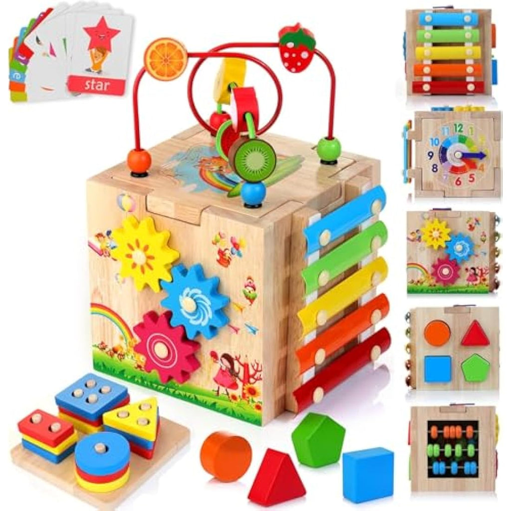 HELLOWOOD 8-in-1 Wooden Activity Cube | Montessori STEM Toy for Toddlers