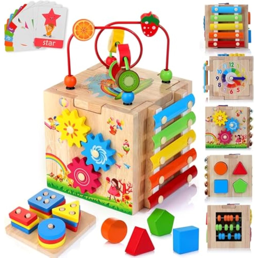 HELLOWOOD 8-in-1 Wooden Activity Cube | Montessori STEM Toy for Toddlers