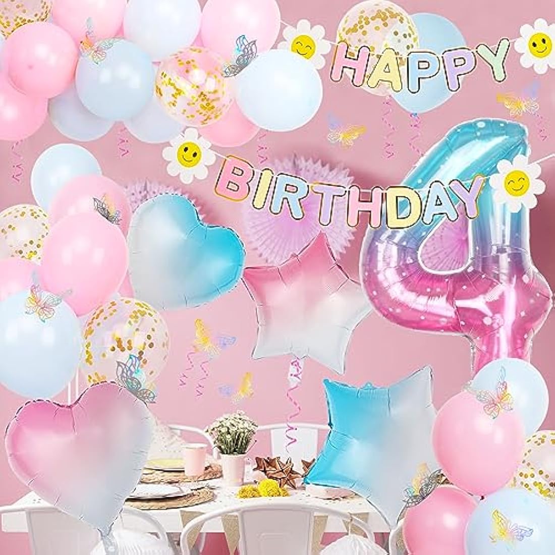 4th Birthday Decorations - Gradient Number 4 Balloon & Banner
