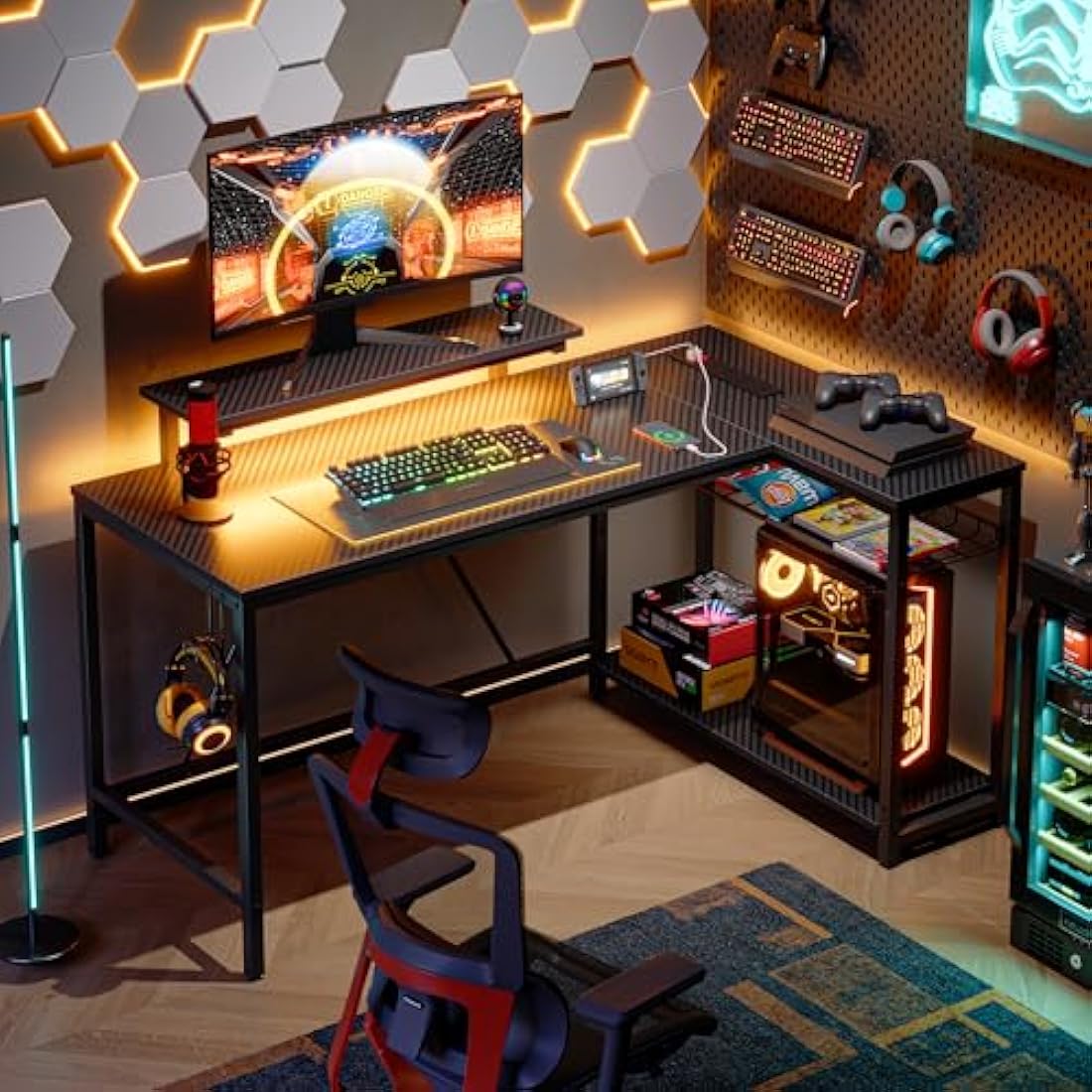 L-Shaped Gaming Desk – Carbon Fiber Workstation with LED & USB