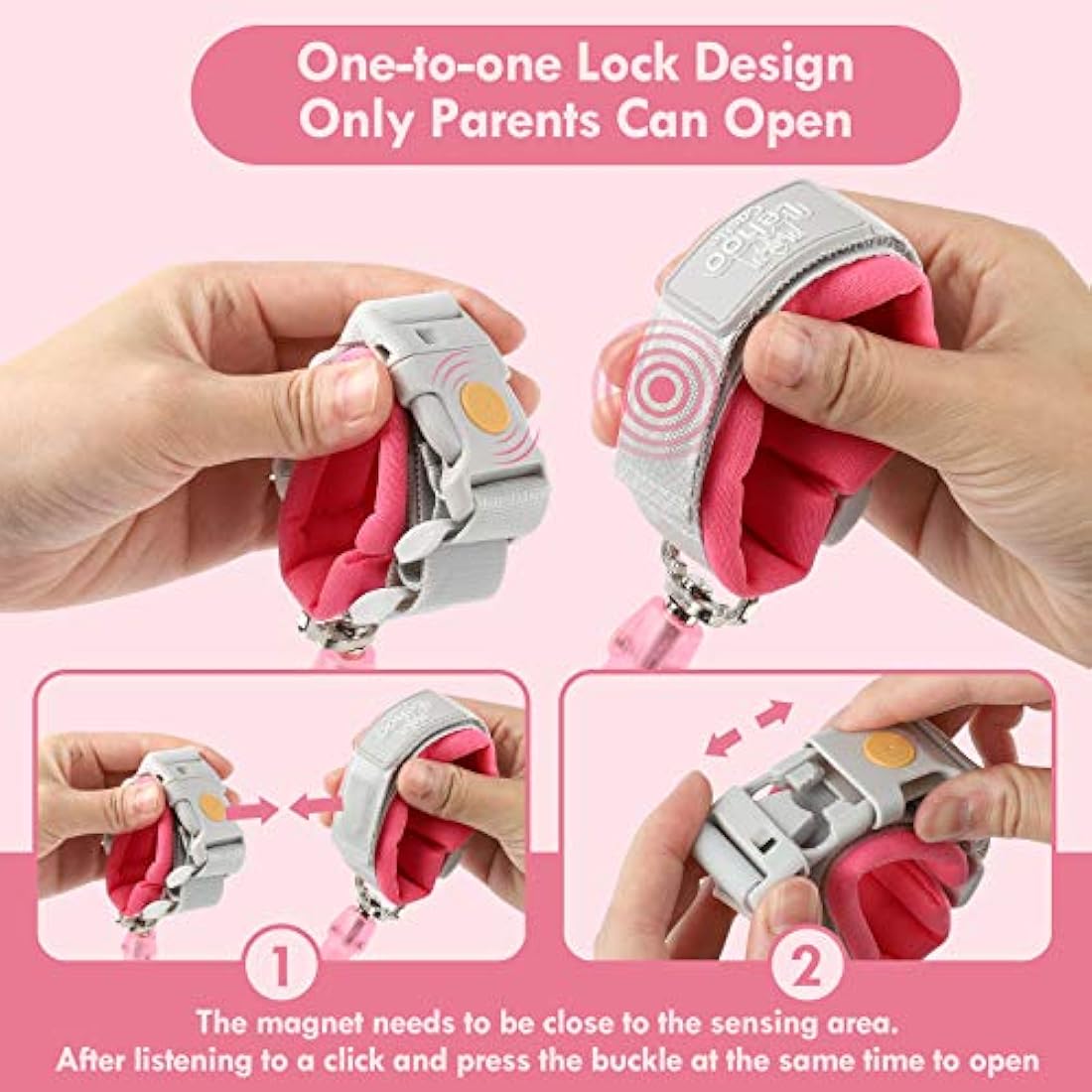 Lehoo Castle Toddler Safety Reins | Anti Lost Wrist Link with Lock - Pink