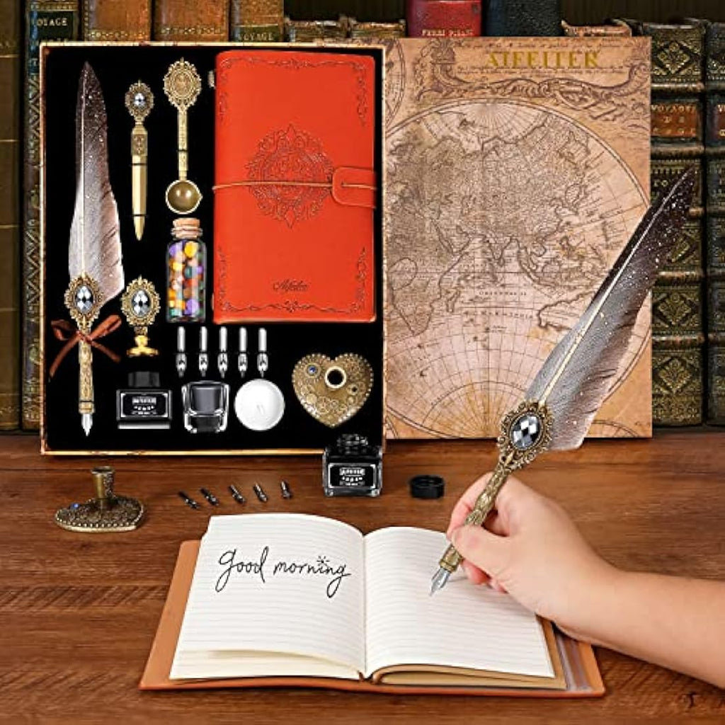MPRINCE Feather Quill Pen and Ink Set with Notebook & Wax Seal - Grey