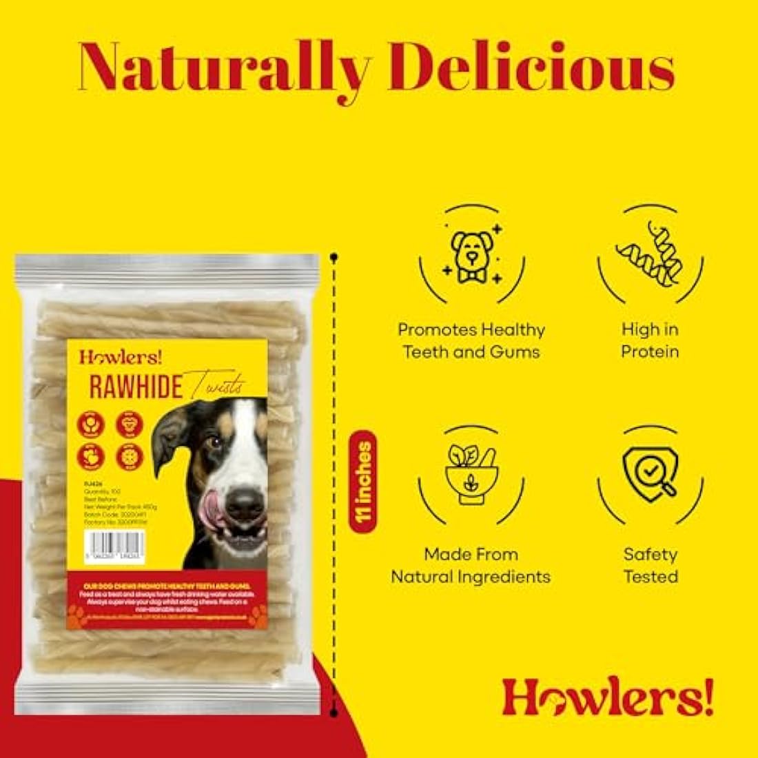 Howlers Natural Rawhide Dog Chew Twists – 12.5cm Dental Sticks (100 Pack)