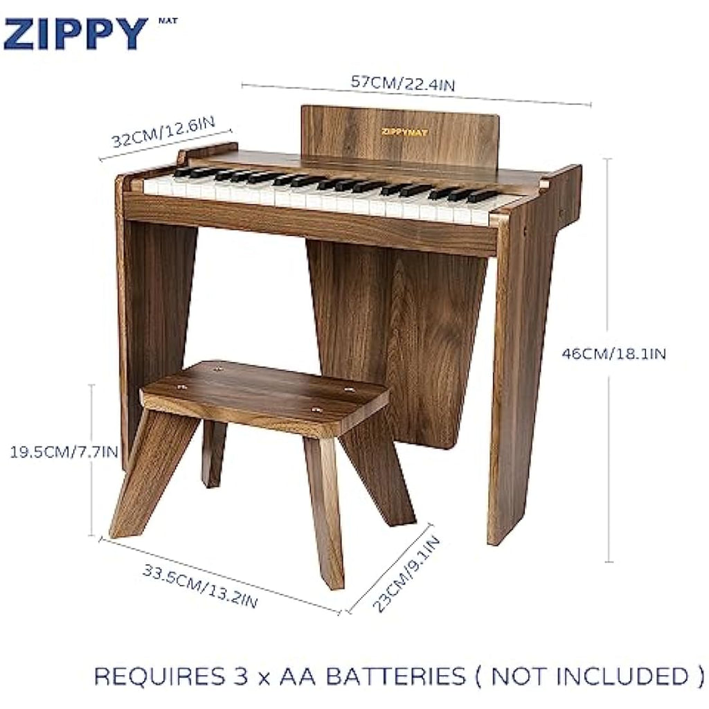 ZIPPY MAT Kids Piano Keyboard – 37 Keys Wooden Musical Toy, Walnut