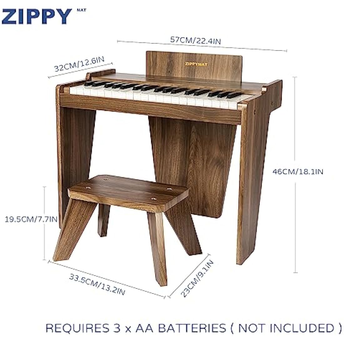 ZIPPY MAT Kids Piano Keyboard – 37 Keys Wooden Musical Toy, Walnut