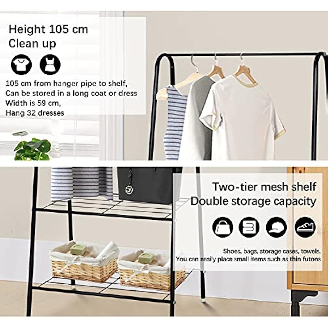 Metal Garment Rack – Heavy Duty Clothes Rail with Shelf, Black