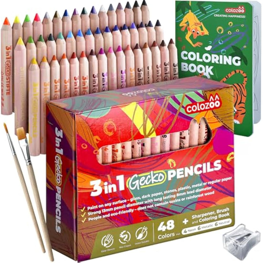 Colozoo Gecko 3-in-1 Kids' Pencil Set | 48 Watercolor Pencils & Book