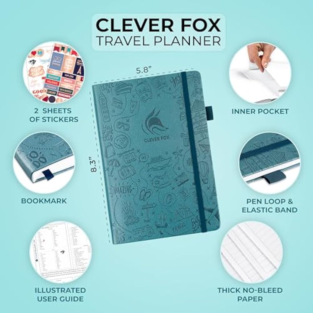 Clever Fox Travel Journal – A5 Vacation Planner & Trip Organizer, Aquamarine