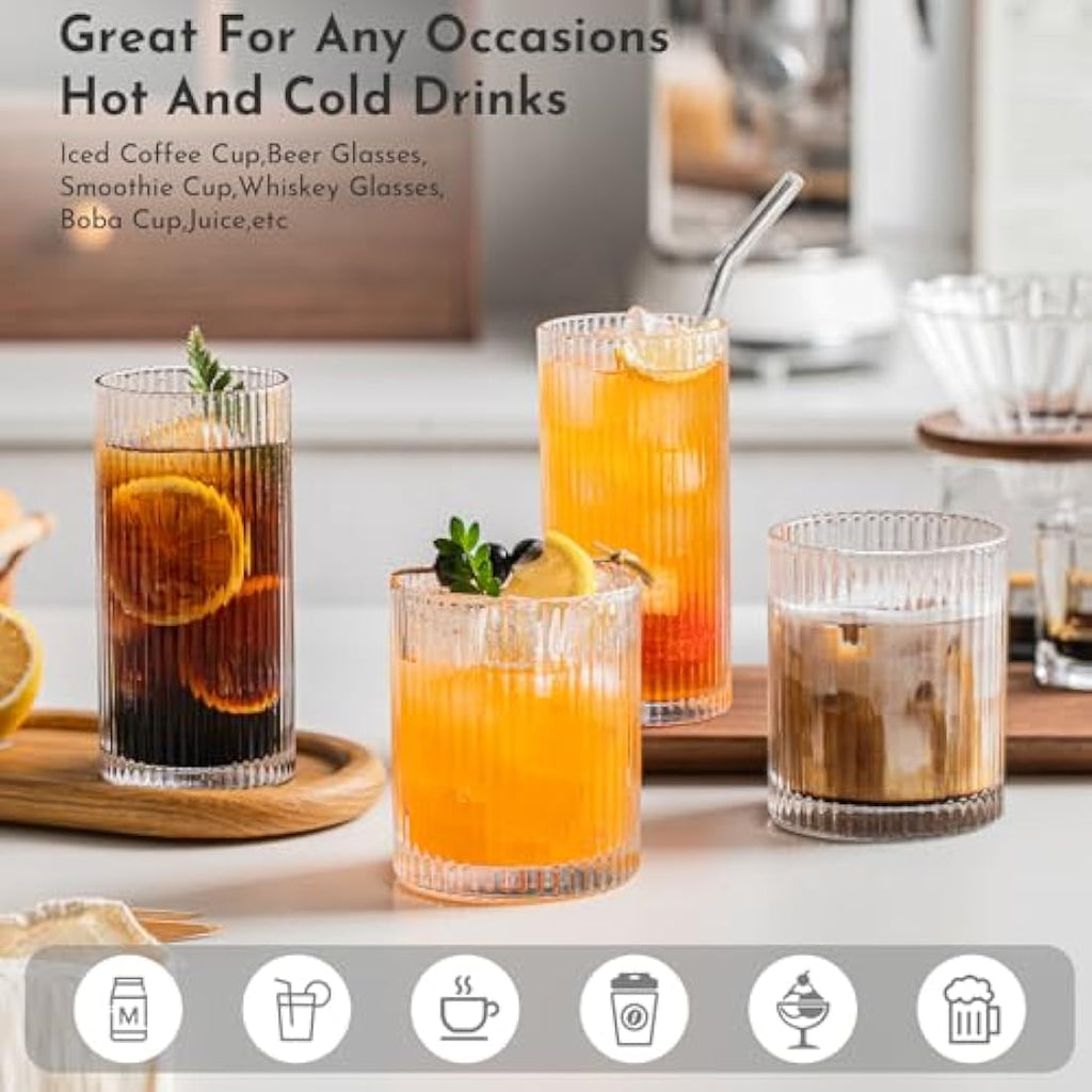 8-Piece Ribbed Glassware Set | Highball & Rocks Glasses