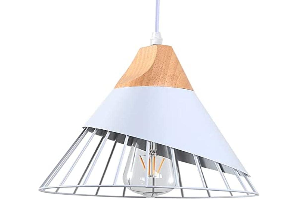 White Modern Pendant Light – Industrial Wood Hanging Fixture