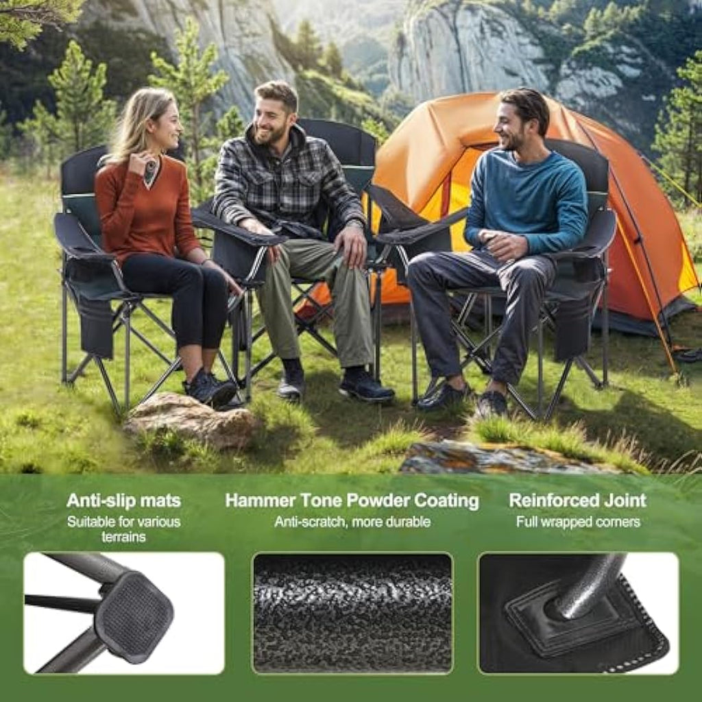 LET'S CAMP XXL Heavy Duty Padded Folding Chair with Cooler Bag – Green