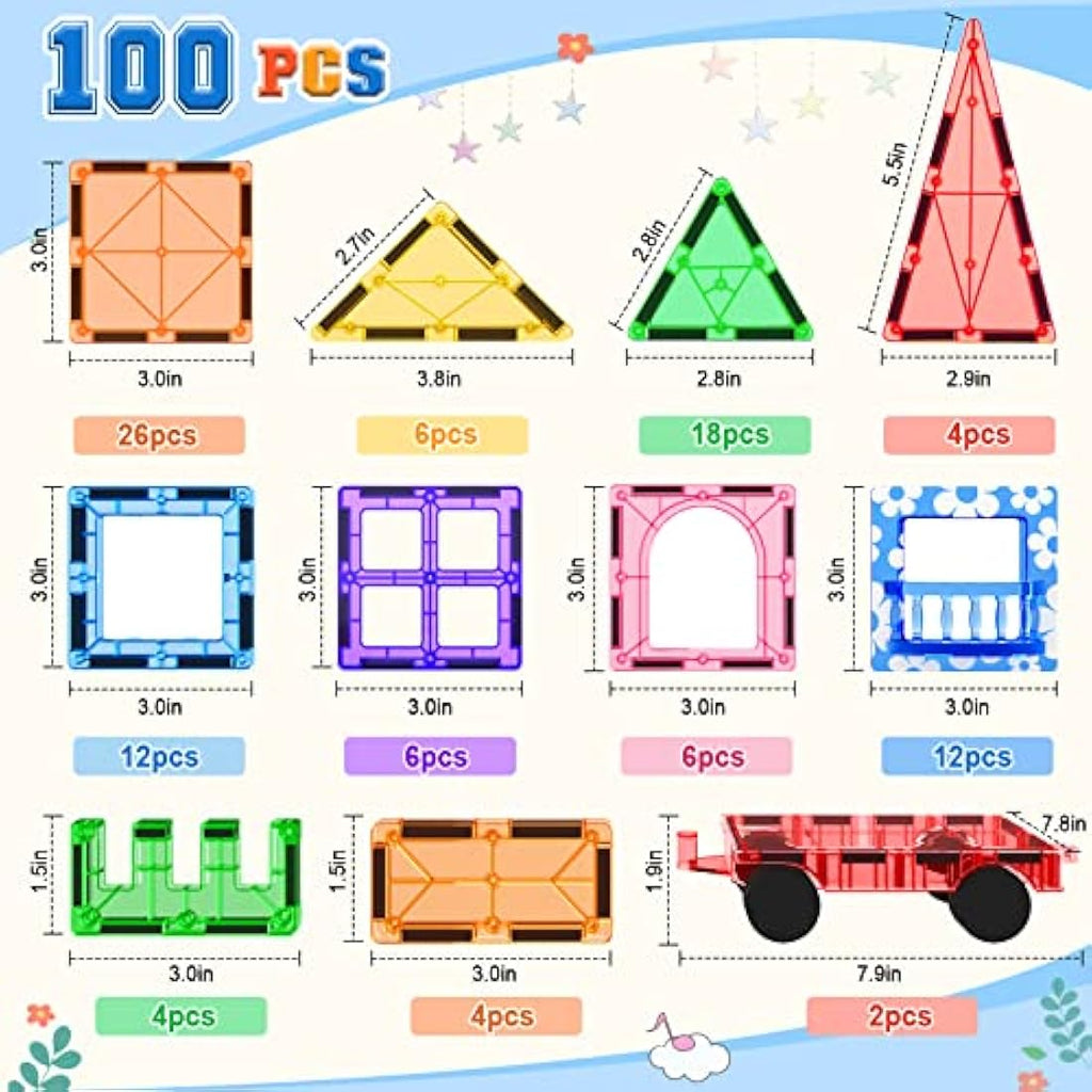 Jolof Store 100PCS Magnetic Tiles STEM Building Set with 2 Cars