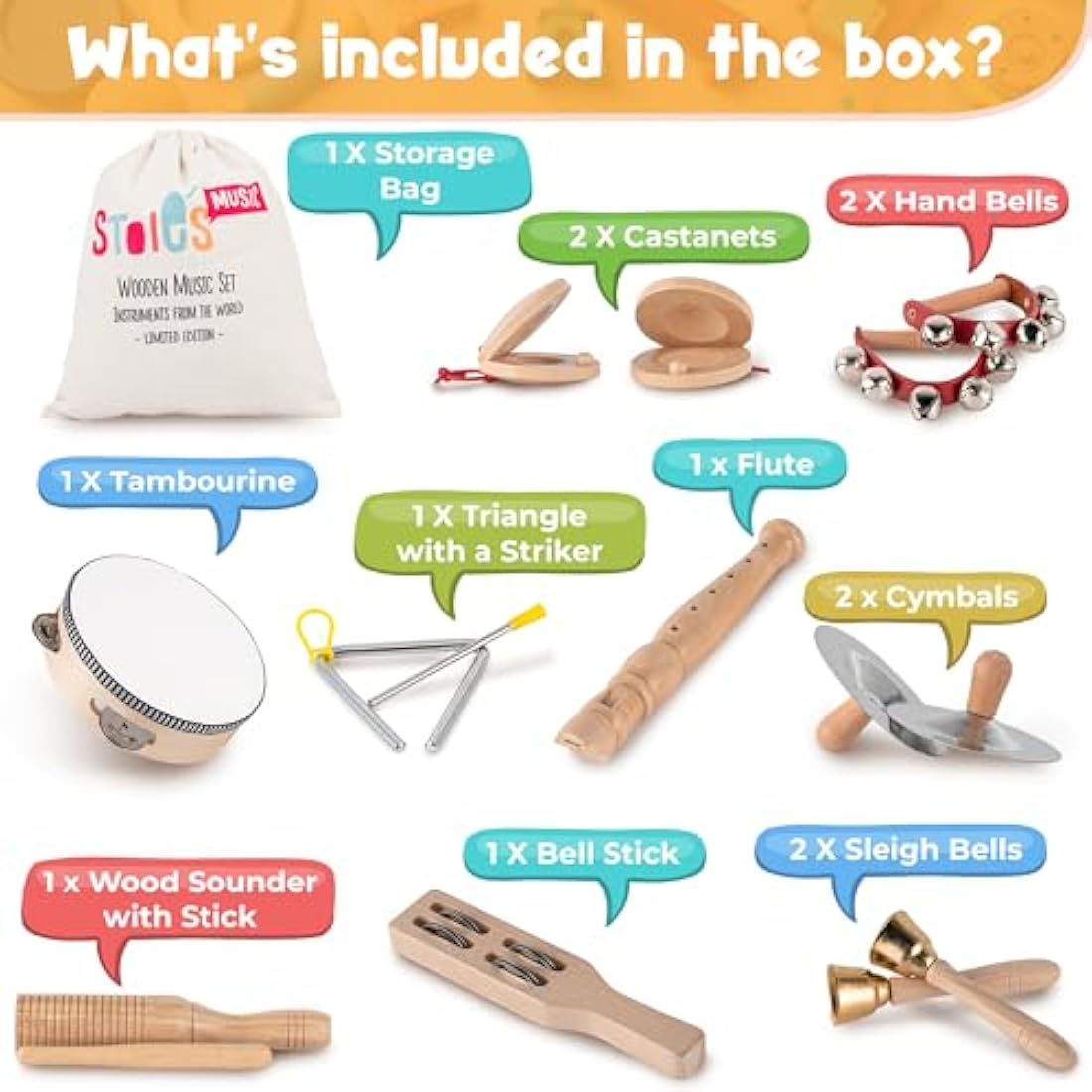 Stoie's 15-Piece Wooden Musical Instruments Set | Montessori Toddler Toys