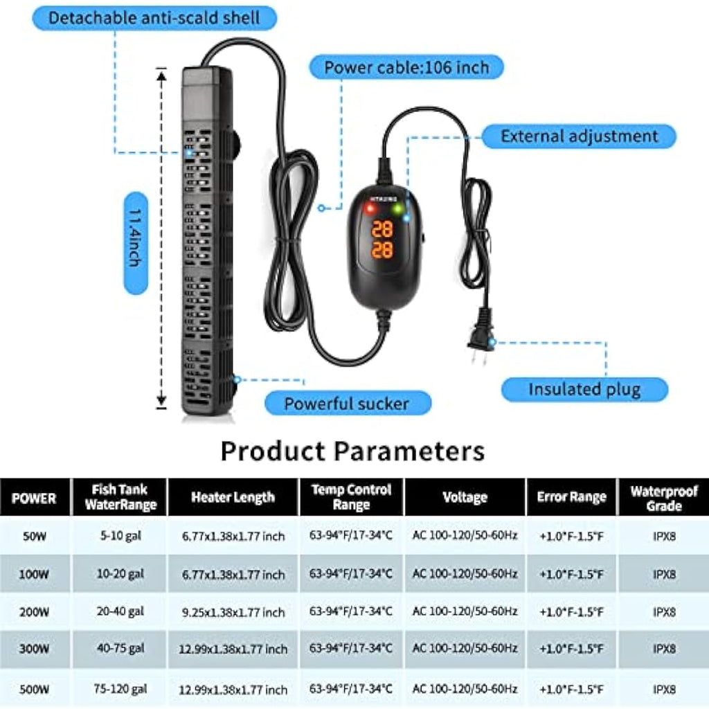 HiTauing Submersible Aquarium Heater | Digital Quartz Fish Tank Heater