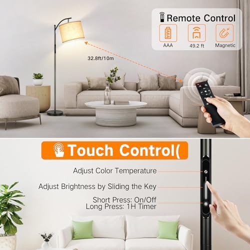 OUTON Smart LED Floor Lamp - Dimmable Arc Standing Lamp with Remote, Black