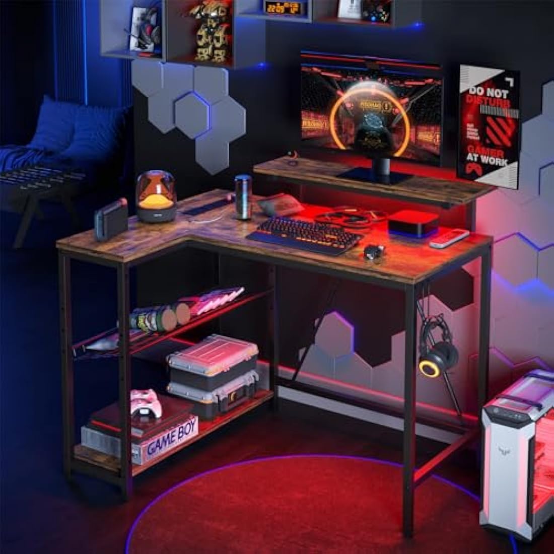 Bestier L-Shaped Gaming Desk with LED Lights and Power Outlets