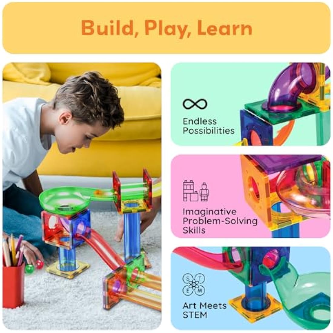 PicassoTiles Magnetic Marble Run - STEM Educational Building Blocks Set