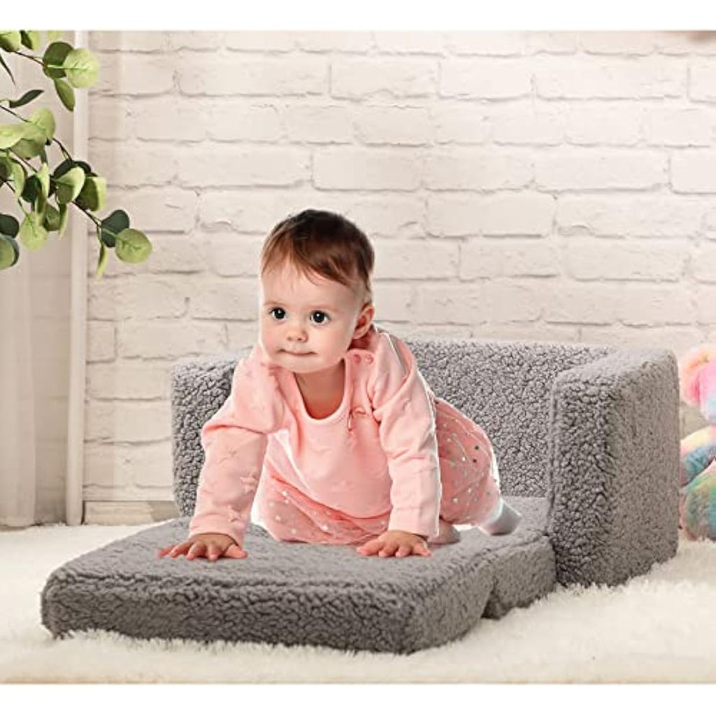 BEJOY 2-in-1 Kids Sofa Bed – Sherpa Toddler Convertible Chair, Grey