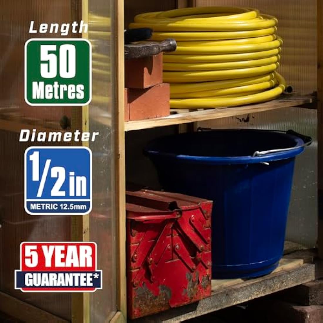Faithfull Heavy-Duty Reinforced PVC Builders Hose | 50M x 12.5mm Yellow