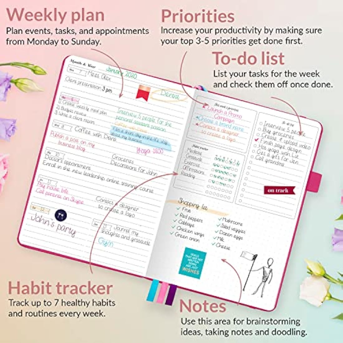 GoGirl Undated Weekly Planner – A5 Eco-Leather Goal Journal, Hot Pink
