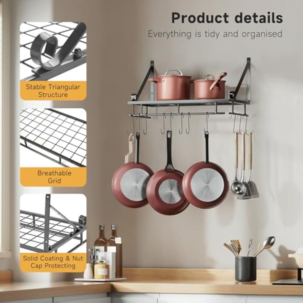 Wall Mounted Pot Rack – Iron Kitchen Shelf with 10 Hooks