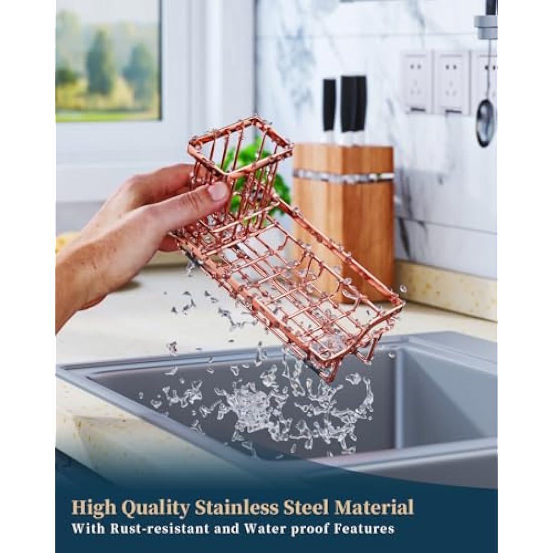 Consumest Kitchen Sink Caddy – 304 Stainless Steel Sponge Holder, Rose Gold