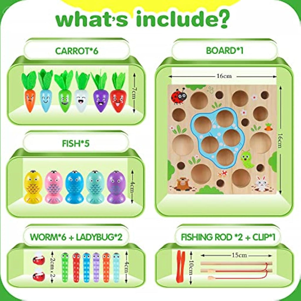 COOLJOY 4-in-1 Wooden Montessori Fishing Game and Carrot Harvest Toy